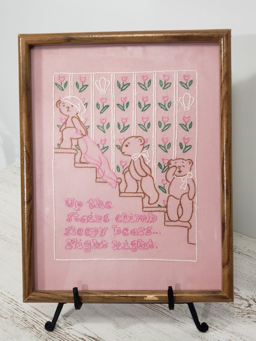 Hand Embroidered Picture Pink & Green Sleepy Bears Flowers Tulips Bedtime Saying